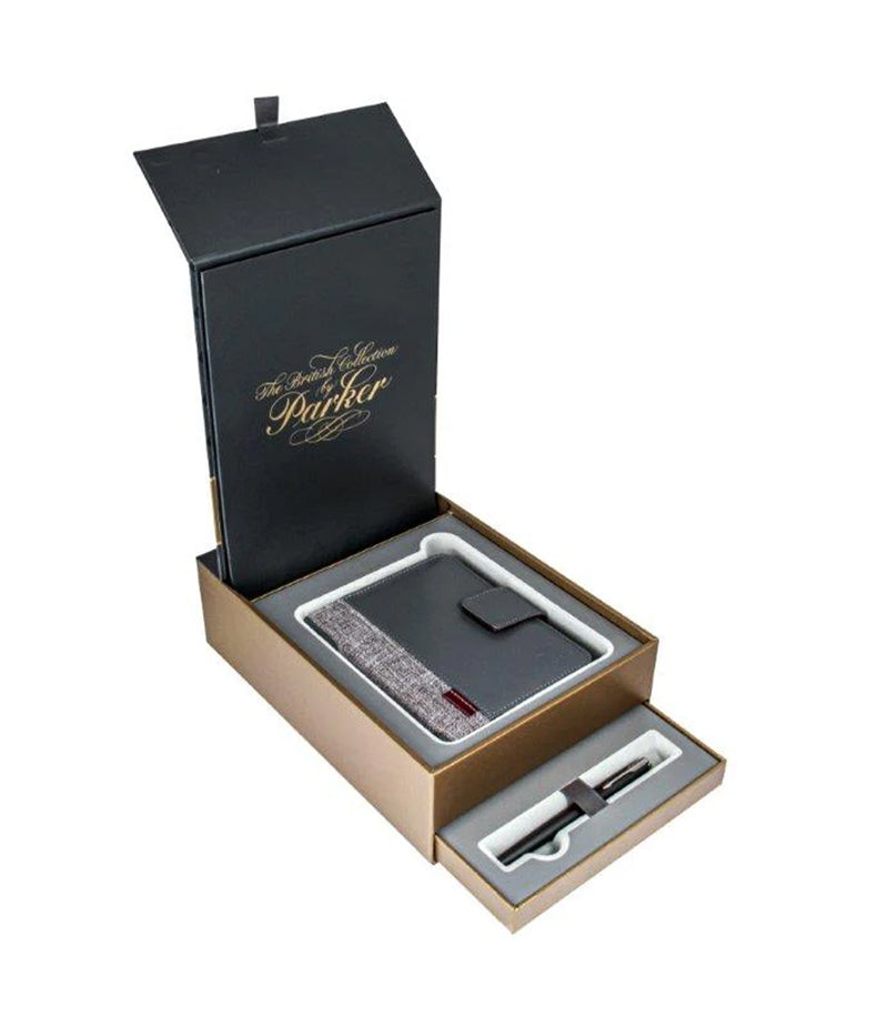 PARKER SONNET SET ROLLER BALL PEN + LEATHER NOTEBOOK