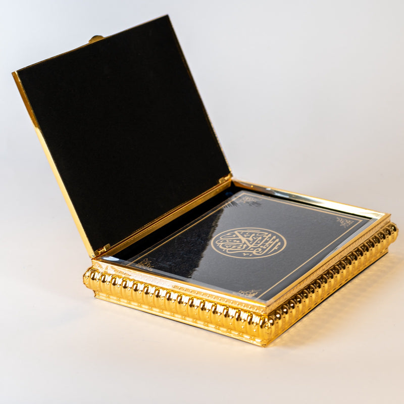 SET GOLD PLATED QURAN BOX W/HOLDER & QOURAN BOOK MEDIUM