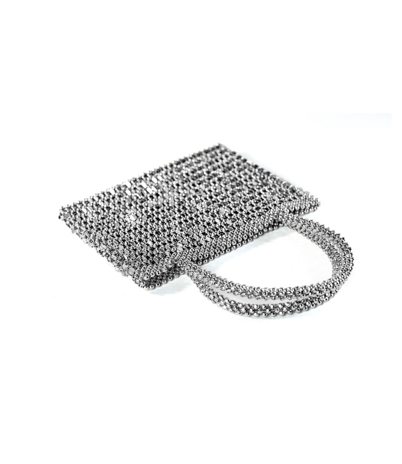 SILVER HAND BEADED DIAMANTE CLUTCH BAG