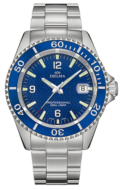 DELMA SWISS MADE MAN WATCH SANTIAGO DIVER PROFESSIONAL STAINLESS STEEL BLUE DIAL SAPHIRE CRYSTAL