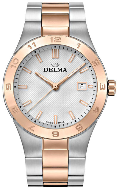 DELMA SWISS MADE MAN WATCH RIALTO BICOLOR STAINLESS STEEL WHITE DIAL SAPHIRE CRYSTAL