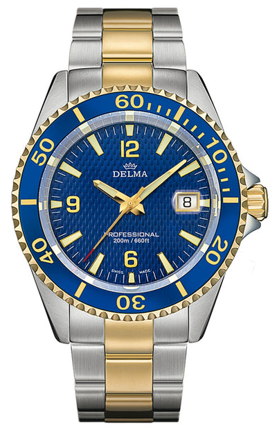 DELMA SWISS MADE MAN WATCH SANTIAGO STAINLESS STEEL BICOLOR BLUE DIAL SAPPHIRE CRYSTAL