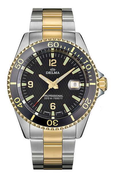 DELMA SWISS MADE MAN WATCH SANTIAGO PROFESSIONAL BLACK CERAMIC BEZEL BICOLOR STAINLESS STEEL