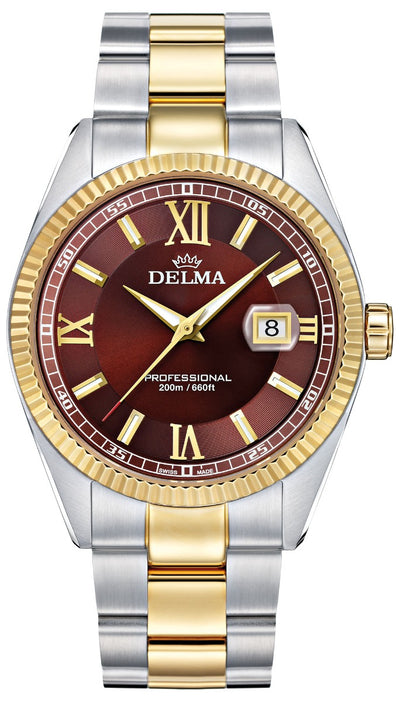 DELMA SWISS MADE MAN WATCH SEA STAR PROFESSIONAL STAINLESS STEEL BICOLOR BROWN DIAL SAPHIRE CRY