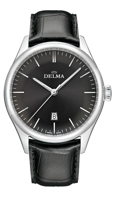 DELMA SWISS MADE MAN WATCH HERITAGE STAINLESS STEEL CASE BLACK DIAL SAPHIRE CRYSTAL GLASS