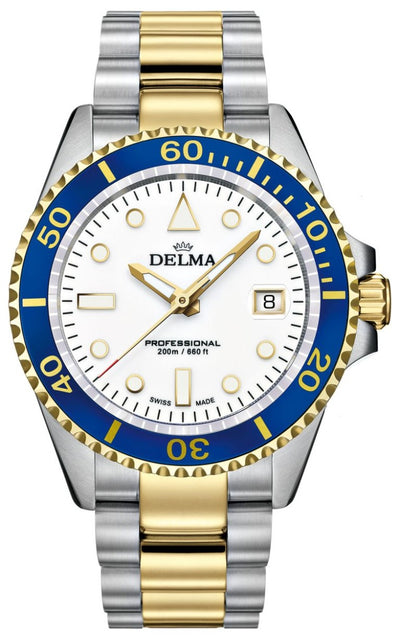 DELMA SWISS MADE MAN WATCH COMMOD PROFESSIONAL STAINLESS STEEL BICOLOR WHITE DIAL SAPHIRE CRY