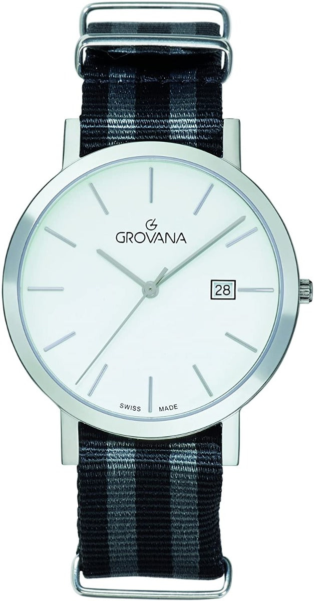 GROVANA SWISS MADE MAN WATCH STEEL WHITE DIAL SAPPHIRE CRYSTAL 160/50 WATERPROOF QUARTZ WINDOW DATE