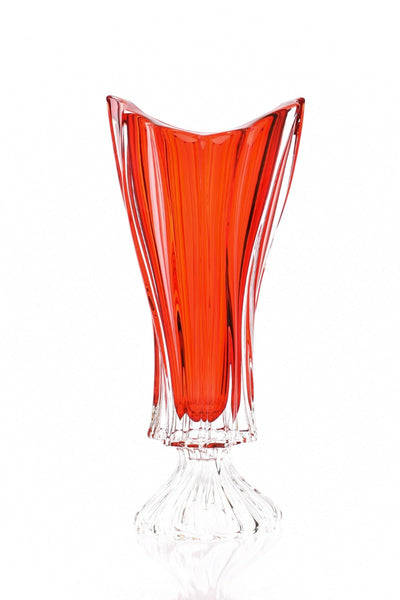 BOHEMIAN CRYSTAL VASE 40CM ON GLASS BASE RED COL